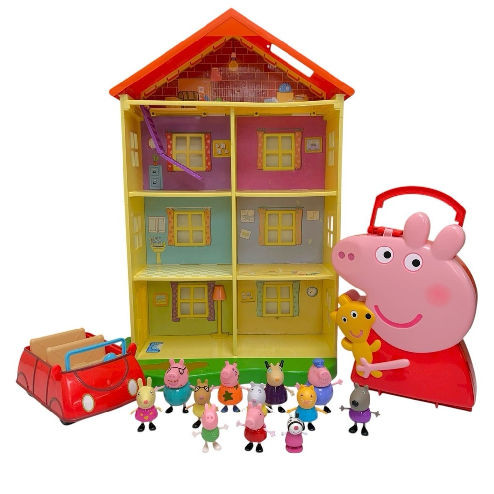 Vintage 2003 Peppa Pig HUGE LOT Family Home w/ 12 Figs, Car & Case WORKS!